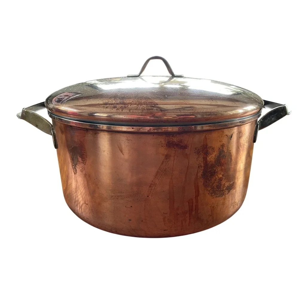 Vintage Copper Stock Pot with Lid Stainless Steel Lining 9 Inch Dutch Oven Pot